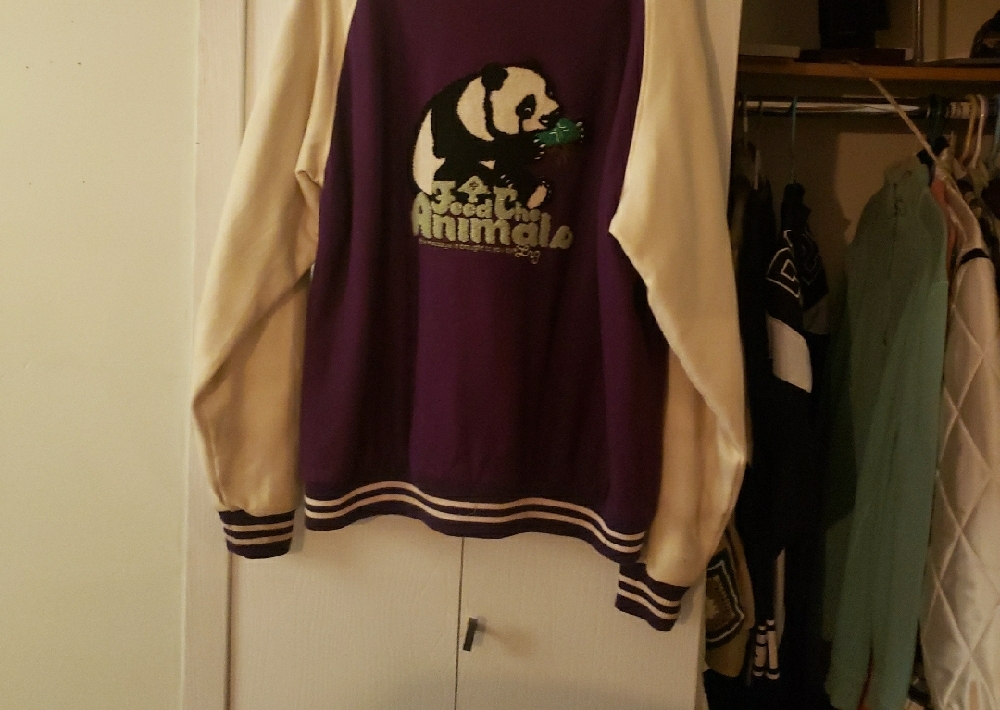 Lrg Purple Bomber Jacket with Striped Trim and Graphic Design